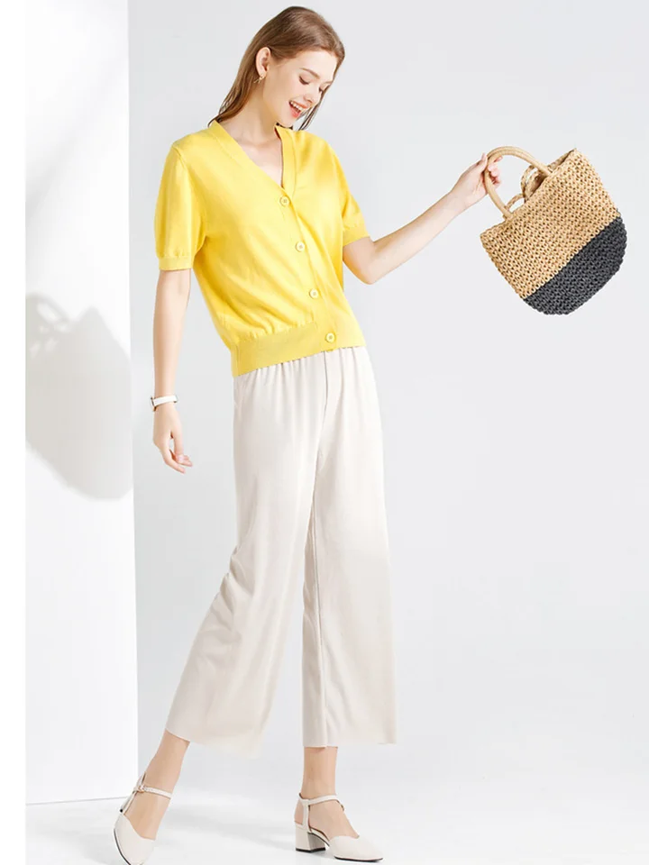 Women Ankle-Length Wide Leg Pants Casual Summer Solid Elastic Waist Loose Ice Silk Pants Spring Summer Female Trousers - Image 2