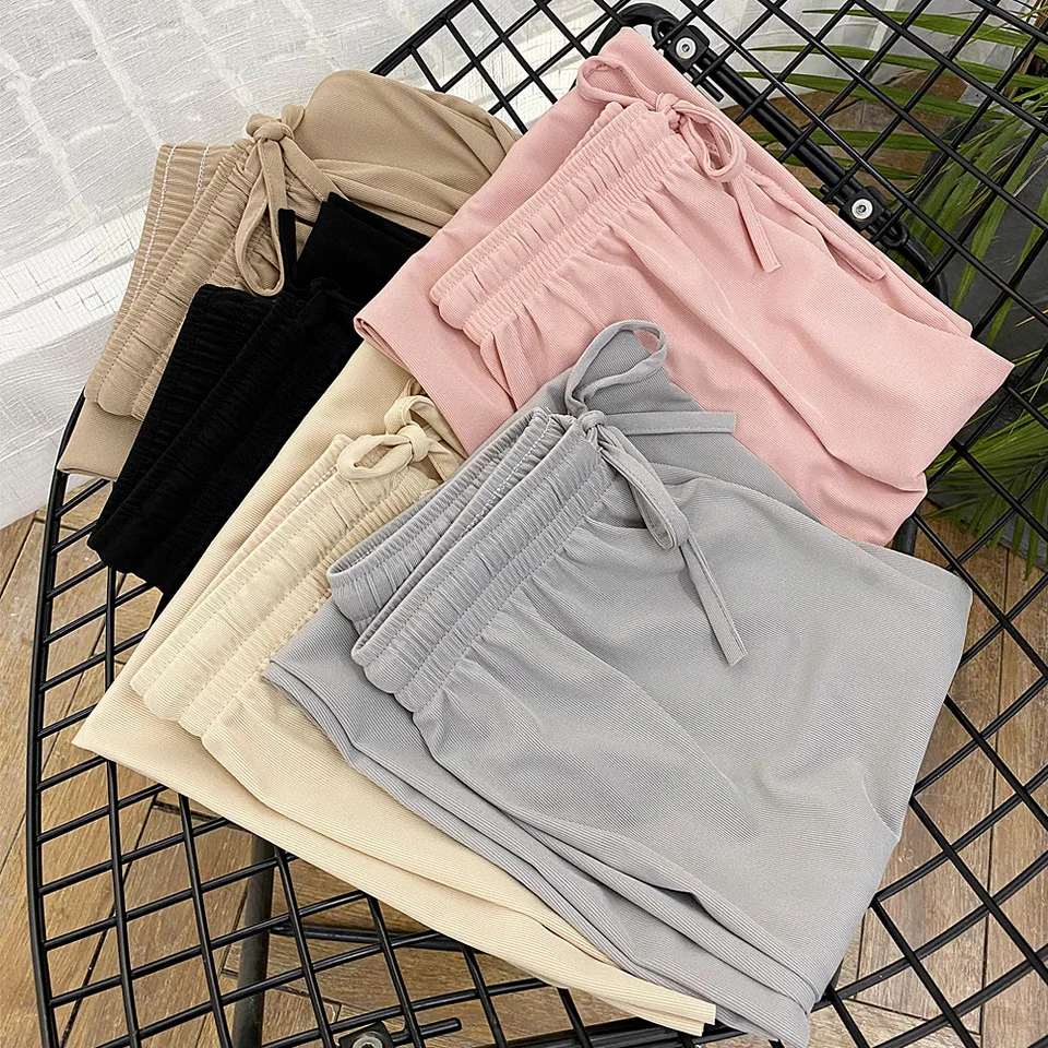 Women Ankle-Length Wide Leg Pants Casual Summer Solid Elastic Waist Loose Ice Silk Pants Spring Summer Female Trousers - Image 5
