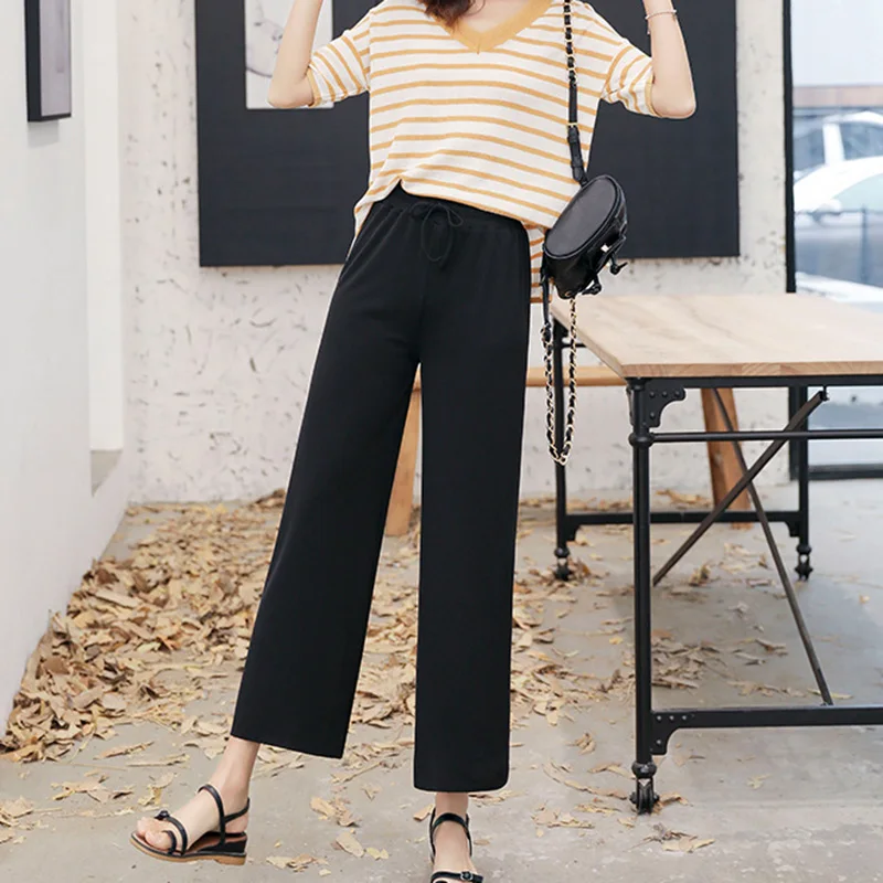 Women Ankle-Length Wide Leg Pants Casual Summer Solid Elastic Waist Loose Ice Silk Pants Spring Summer Female Trousers - Image 4