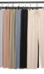Women Ankle-Length Wide Leg Pants Casual Summer Solid Elastic Waist Loose Ice Silk Pants Spring Summer Female Trousers