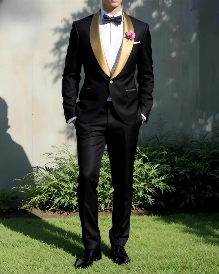 New Gold Collar Black Formal Business Men Suit Groom Groomsman Wedding Party Prom Male Tuxedos 2Piece Set Blazer Pants - Image 4