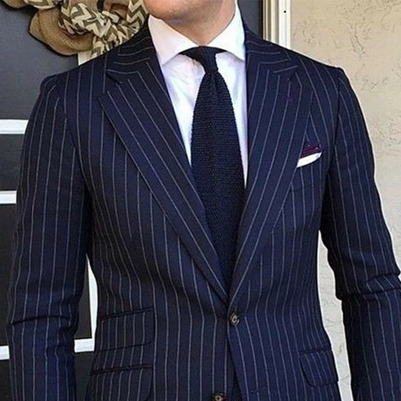 2 Piece Pinstripe Men's Suit Slim Fit for Formal Wedding Tuxedo Notched Lapel Navy Blue Striped Business Groom Male Fashion - Image 2