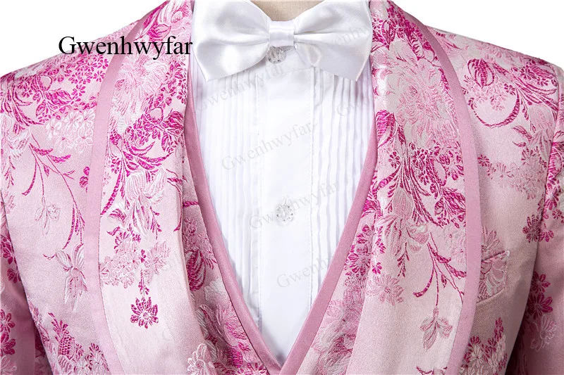 Gwenhwyfar Pink Men Tuxedos Floral 2026 High Quality Male Party Tuxedos 3 Pcs Slim Fit Shawl Lapel with Pipping Shinny Pants - Image 5