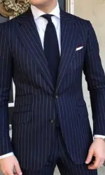 2 Piece Pinstripe Men's Suit Slim Fit for Formal Wedding Tuxedo Notched Lapel Navy Blue Striped Business Groom Male Fashion