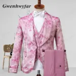 Gwenhwyfar Pink Men Tuxedos Floral 2026 High Quality Male Party Tuxedos 3 Pcs Slim Fit Shawl Lapel with Pipping Shinny Pants