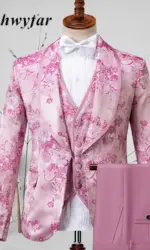 Gwenhwyfar Pink Men Tuxedos Floral 2026 High Quality Male Party Tuxedos 3 Pcs Slim Fit Shawl Lapel with Pipping Shinny Pants