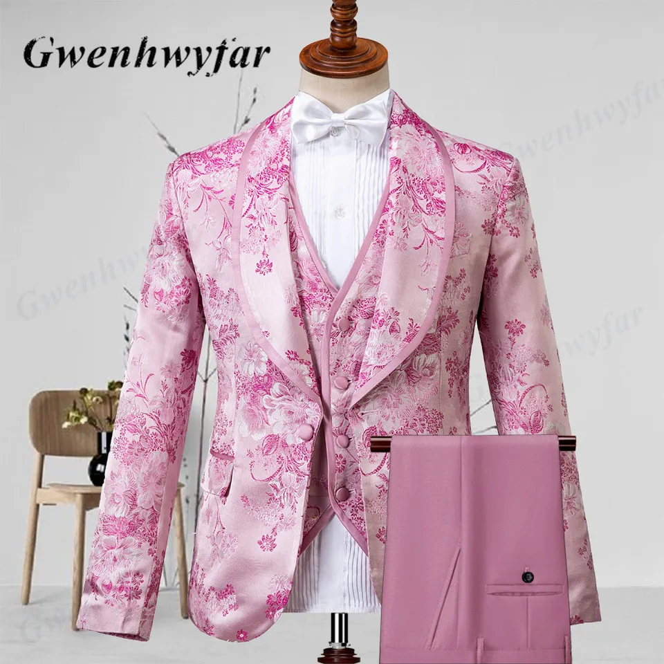Gwenhwyfar Pink Men Tuxedos Floral 2026 High Quality Male Party Tuxedos 3 Pcs Slim Fit Shawl Lapel with Pipping Shinny Pants