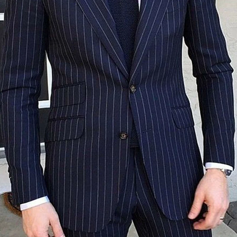 2 Piece Pinstripe Men's Suit Slim Fit for Formal Wedding Tuxedo Notched Lapel Navy Blue Striped Business Groom Male Fashion - Image 3