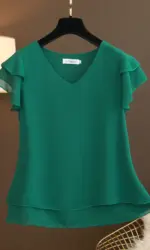 2026 New Summer Women Blouse Loose V-Neck Chiffon Shirt Female Short Sleeve Blouse Oversized Shirts womens tops and blouses Top