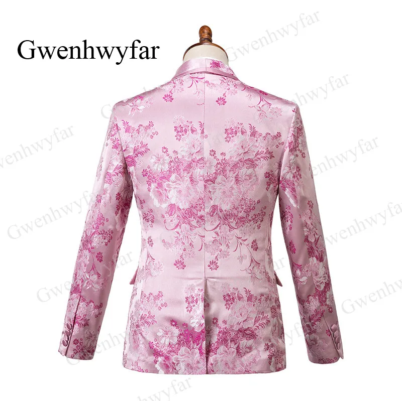 Gwenhwyfar Pink Men Tuxedos Floral 2026 High Quality Male Party Tuxedos 3 Pcs Slim Fit Shawl Lapel with Pipping Shinny Pants - Image 2