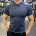 Men zipper Polo T-shirt Gym Running Training Fitness Bodybuilding Casual Sport Top Quality elastic Short Sleeve Male Tops Tees