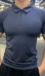 Men zipper Polo T-shirt Gym Running Training Fitness Bodybuilding Casual Sport Top Quality elastic Short Sleeve Male Tops Tees