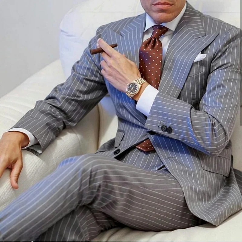 New 2 Piece Business Striped Men Suit Vintage Slim fit Classic Formal Suits Groom Wedding Party Wear (Jacket+Pants)Costume Homme - Image 3