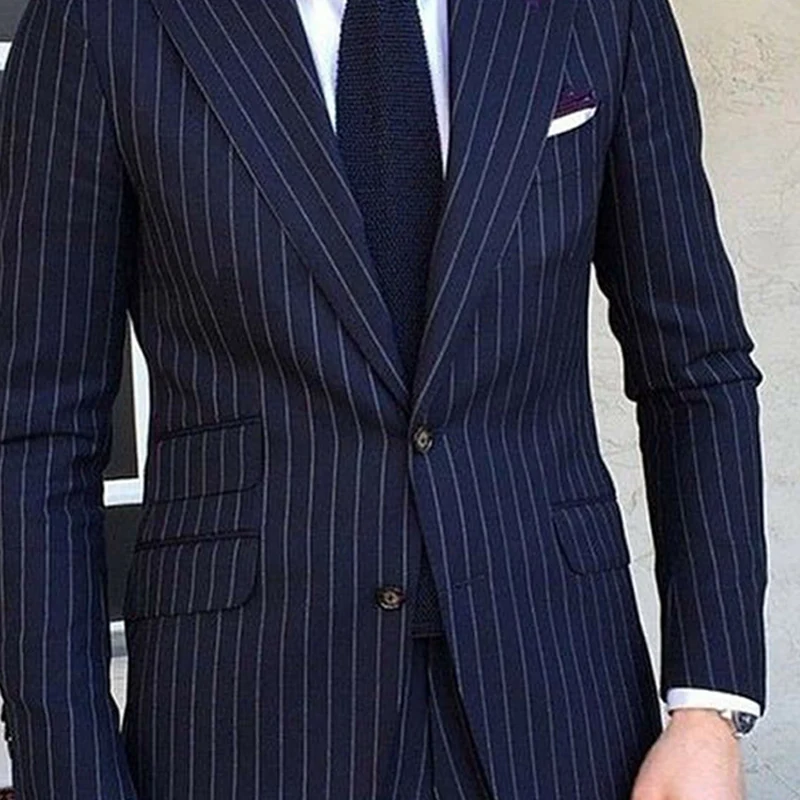 2 Piece Pinstripe Men's Suit Slim Fit for Formal Wedding Tuxedo Notched Lapel Navy Blue Striped Business Groom Male Fashion - Image 4