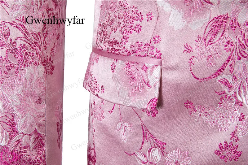 Gwenhwyfar Pink Men Tuxedos Floral 2026 High Quality Male Party Tuxedos 3 Pcs Slim Fit Shawl Lapel with Pipping Shinny Pants - Image 6