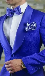 New Arrival Royal Blue Floral Men Suits For Wedding Latest Designs Groom Tuxedos Shawl Lapel Suit Men Groomsmen Best Man Blazer