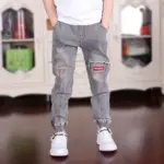 4-18T Fashionable Jeans For Boys Children's Jeans 2021 Spring New Elastic Waist Letters Printed Pencil Cowboy Pants High Quality