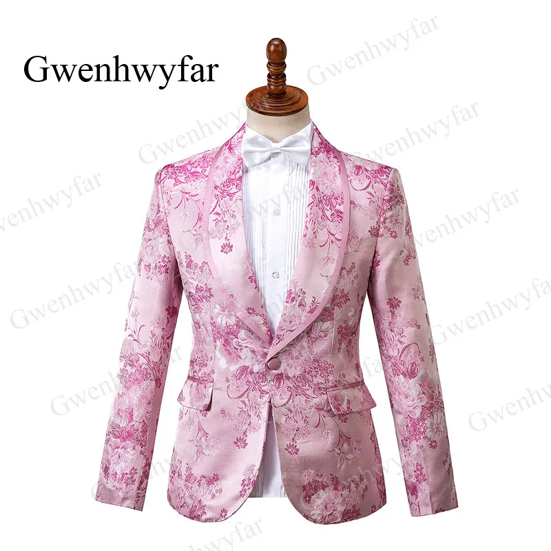 Gwenhwyfar Pink Men Tuxedos Floral 2026 High Quality Male Party Tuxedos 3 Pcs Slim Fit Shawl Lapel with Pipping Shinny Pants - Image 3
