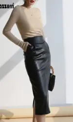Nerazzurri Spring Midi Pu Leather Skirt Women Brown White Black Long High Waisted Pencil Skirts for Women 2023 Side Slit Zipper