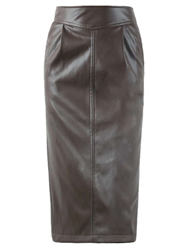 Nerazzurri Spring Midi Pu Leather Skirt Women Brown White Black Long High Waisted Pencil Skirts for Women 2023 Side Slit Zipper - Image 5