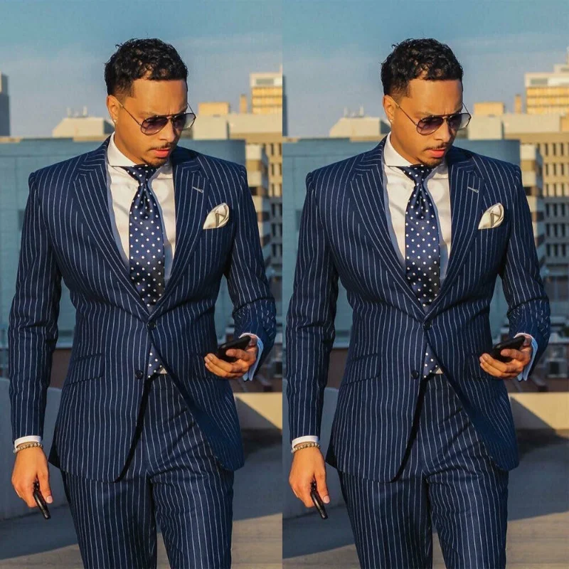 New 2 Piece Business Striped Men Suit Vintage Slim fit Classic Formal Suits Groom Wedding Party Wear (Jacket+Pants)Costume Homme - Image 2