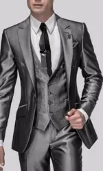Shiny Grey Men Suits With Embroidery Groomsmen Groom Tuxedos Wedding Best Blazer Sets 3 Pieces (Jacket+Pants+Vest) Costume Homme