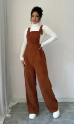 Women Casual Jumpsuit Corduroy Wide Shoulder Straps Button Detail Solid Color Relaxed Fit Autumn Winter Hand Wash Only