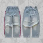 Y2K Men D4C JoJo High Waist Baggy Jeans Women Pink Heart Side Embroidery Loose Fit Washed Denim Pants Streetwear Wide Leg Pants