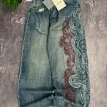 Men's Loose Fit Wide Leg Jeans Tribal Flame Embroidery Vintage Washed Denim Pants Streetwear Daily Wear