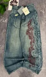 Men's Loose Fit Wide Leg Jeans Tribal Flame Embroidery Vintage Washed Denim Pants Streetwear Daily Wear