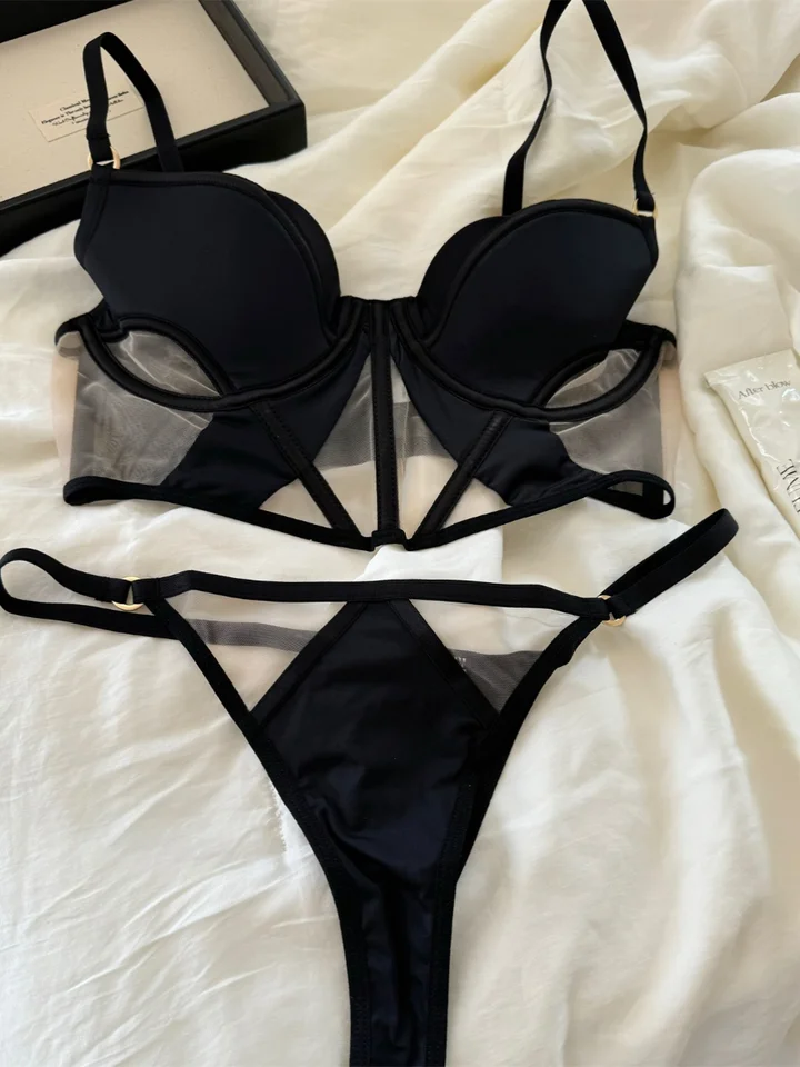 Fishbone large breasts lingerie with underpants suit top support lace thin mesh gathered underwear sexy bra set - Image 2