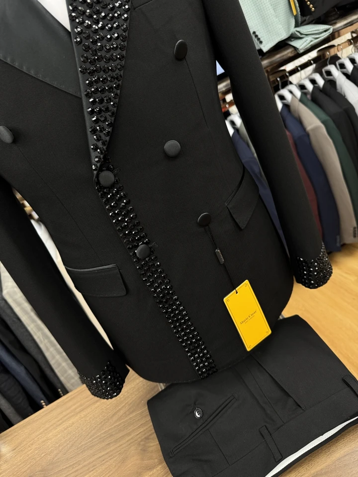 Charming Black Peak Lapel Men's Suit Customized Hot Sale Double Breasted Formal Perform Elegant Crystals Jacket Pants Groom Wear - Image 4