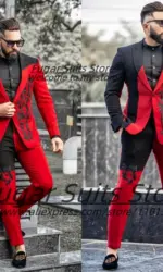 Fashion Customized Red Black Men Suits Splicing Color Appliques Male Prom Blazers 2 Pieces Sets Luxuly Groom Tuxedos Ropa Hombre