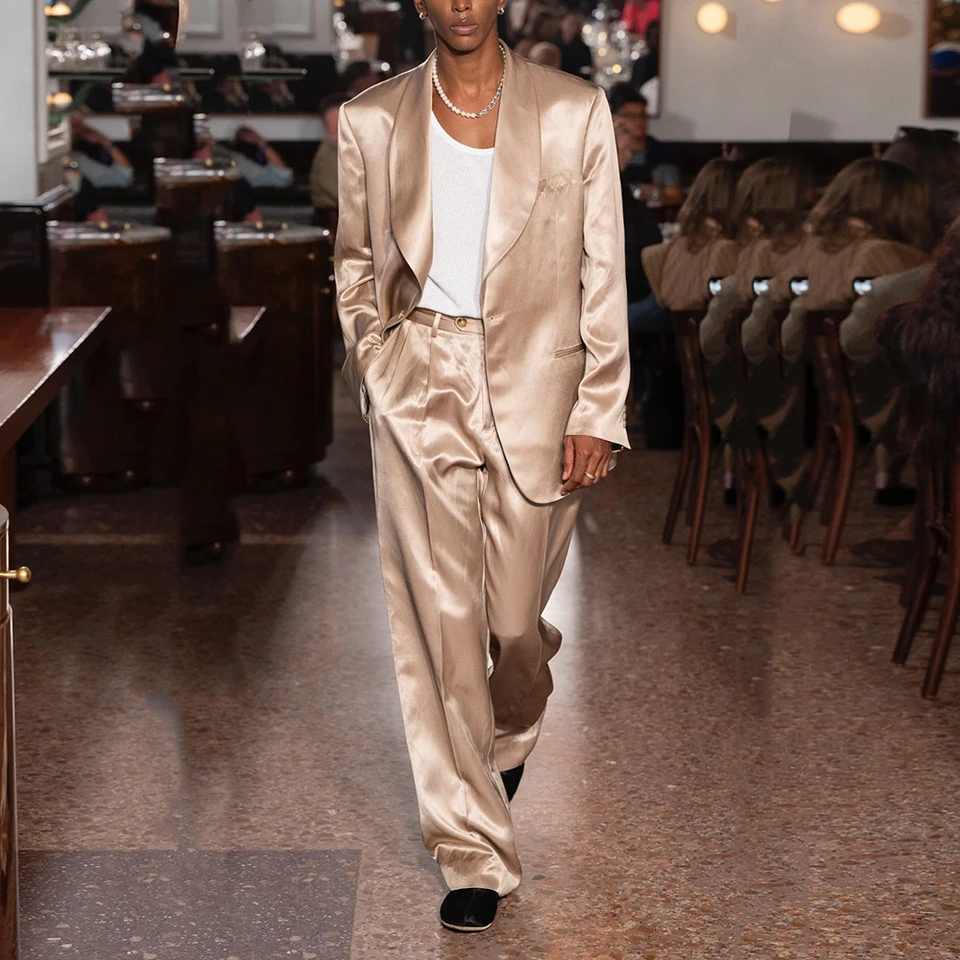 Fashion Satin One Button Shawl Lapel Men Suits 2 pieces Set (Jacket+Pants) Wedding Evening Party Daliy Casual Male Clothing