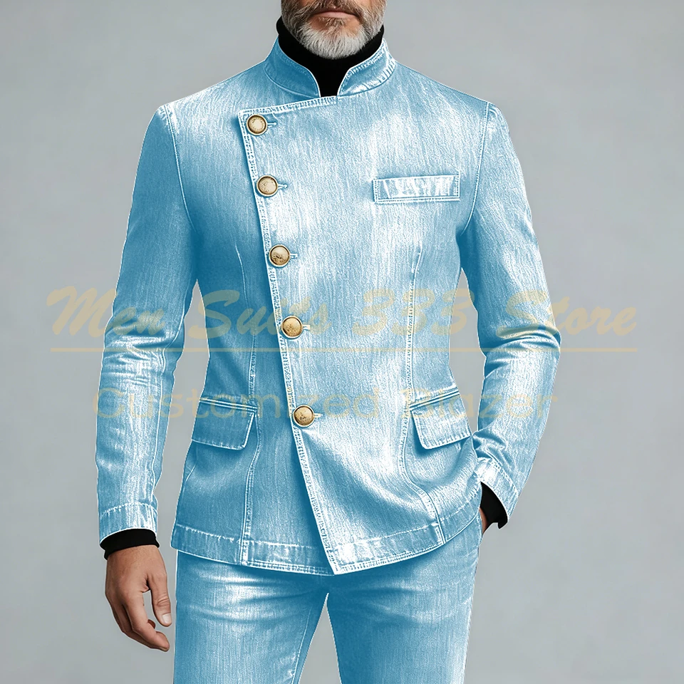 Luxury Demin Men's Suits Fashion Single Breasted Stand Lapel Slim Fit 2 Piece Jacket Pants Sets High Quality Male Clothing - Image 5