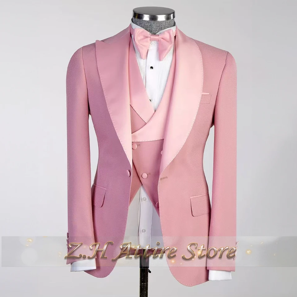 Elegant pink men's 3pcs suit spliced satin lapel jacket vest pants custom-made set for wedding groom cocktail birthday party - Image 2