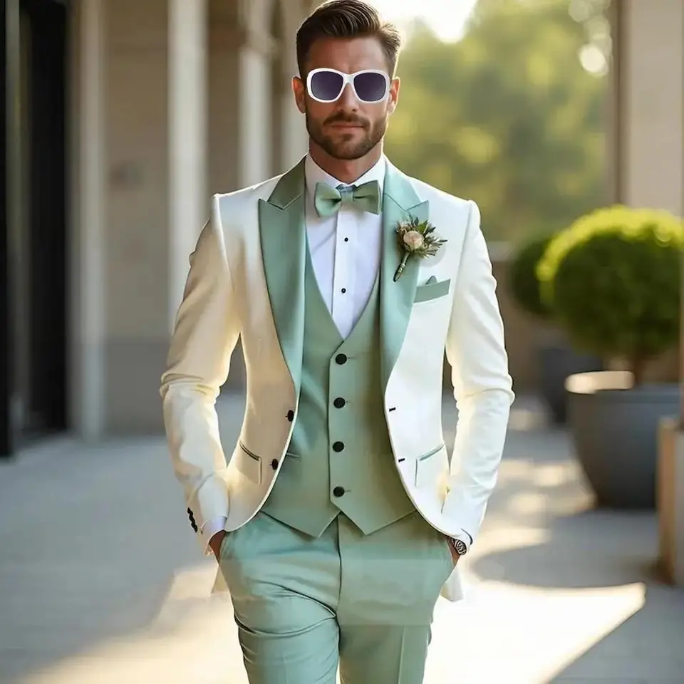 White And Mint Green Formal Men wedding Suits Groom Groomsman Wedding Party Prom Business Male Tuxedos 3 Piece Blazer Vest Pants - Image 2