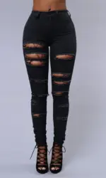 Fashionable Women's Versatile Solid Color Jeans European and American Holed Jeans Minimalist Slim Fit Pencil Pants