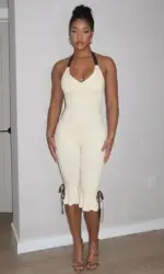 Summer Lace Up Halter Bow Y2K Jumpsuit Women Sexy V Neck Backless Bandage Skinny Party Club Rompers Beach Holiday Overall Outfit