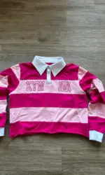 Pink Rugby Polo Shirts Hip Hop Men Stripe Print Lapel Neck Shirt Y2k Harajuku Fashion Casual Cotton Long Sleeves Top Women Tees