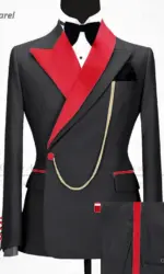 Newest Black Suits for Men Slim Fit Luxury Business Wedding Tuxedos Tailor-made Red Shiny Collar Jacket with Pants 2 Pieces Set