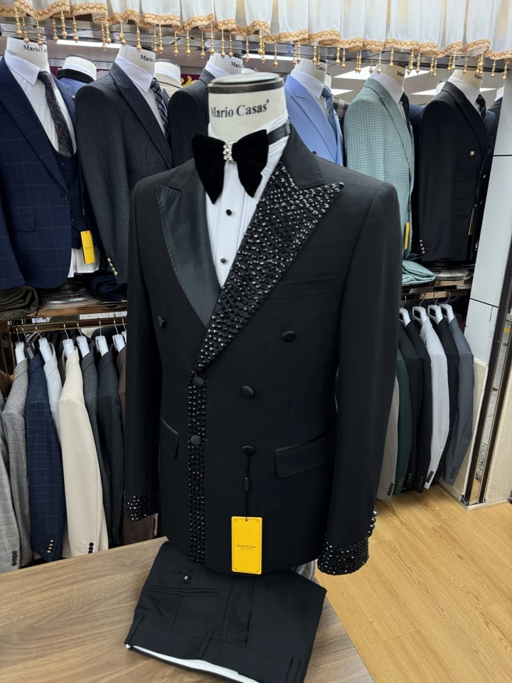 Charming Black Peak Lapel Men's Suit Customized Hot Sale Double Breasted Formal Perform Elegant Crystals Jacket Pants Groom Wear - Image 3