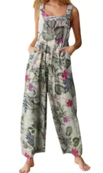 Women Plus Sizes Jumpsuit Leaf Floral Print Square Neck Sleeveless Fashion Casual Overalls with Pockets