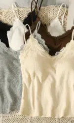 Women Sleeveless Tank Tops Solid Color Korean Version V Neck Slim Fashion Lace Stitching With Chest Pad Camisole