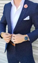 Navy Polka Dot Suit for Mens Formal Jacket Pants 2-Piece Set Wedding Groom Tuxedo XS-5XL Custom Blazer