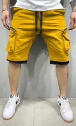 Mens Summer Cargo Shorts Cotton Workout Fitness Shorts Breathable Jogger Training Gyms Bodybuilding Multi Pocket Yellow Shorts