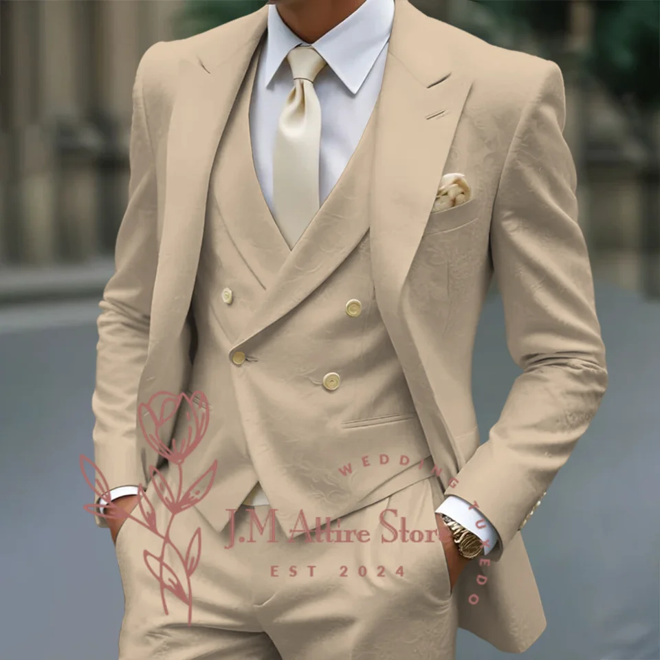 White Jacquard Men's Suit 3 Piece Jacket Vest Pants Formal Elegant Stylish Tailored Set for Wedding Cocktail Dinner Party Tuxedo - Image 2