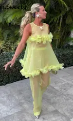 Sexy Women's Three-dimensional Mesh Flower Pant set Perspective Sleeveless Top Loose Pants 2026 Spring Summer Beach Party Suit