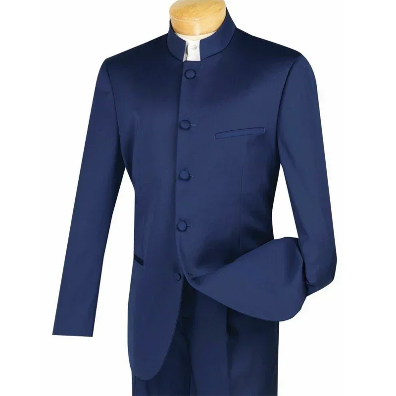Slim Fit Men's Suits With Satin Stand Collar Navy Blue Wedding Groom Tuxedo For Prom 2 Pcs Male Fashion Suit Jacket Pants - Image 2