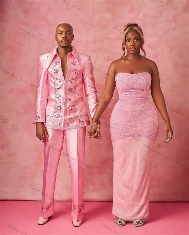 Pink Satin Men Suits Set 2 Pcs Blazer+Pant Trousers Wedding Tuxedo Shiny Crystals Formal Office Business Groom Jacket Coat - Image 4